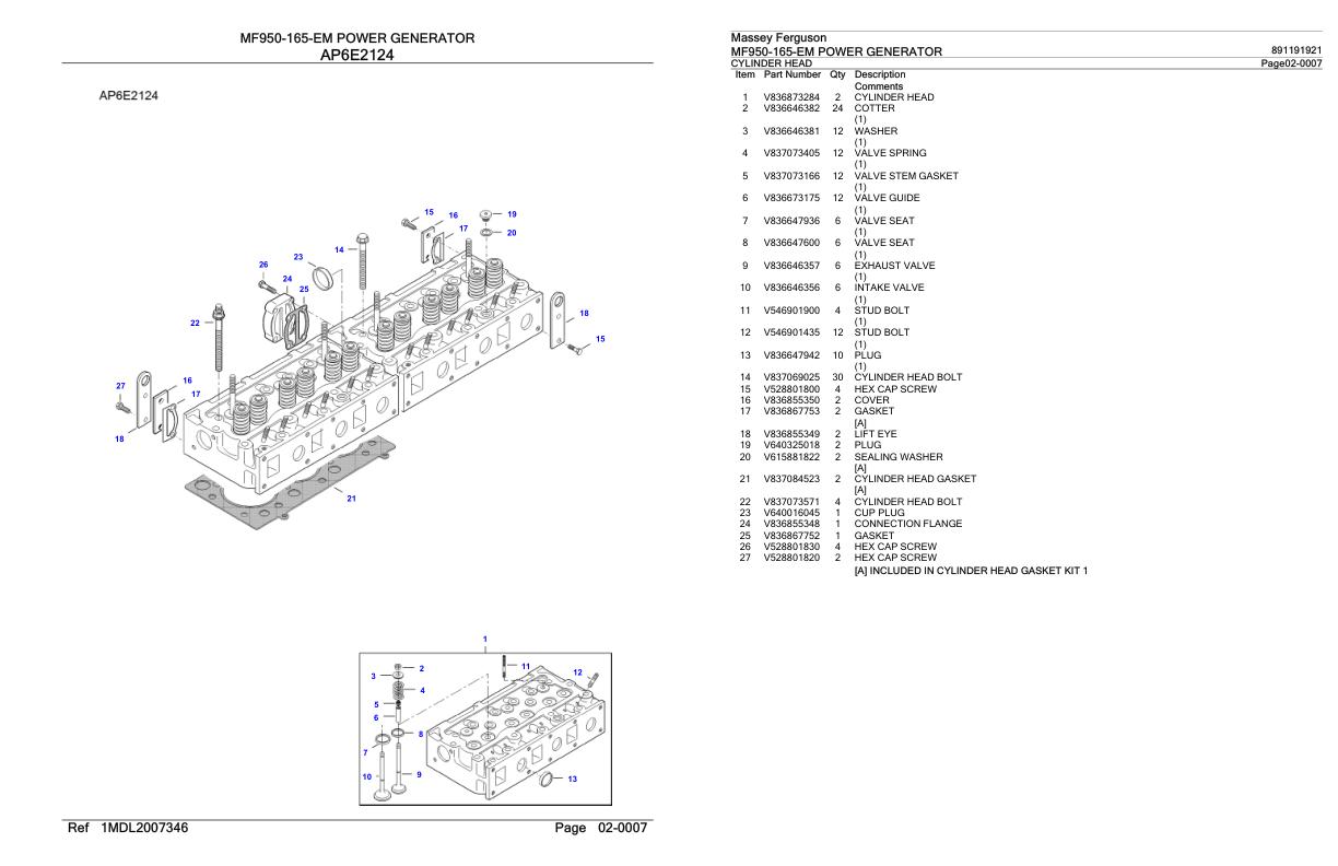 Massey Ferguson MF950 165 EM Power Generator Parts Catalog 891191921 1