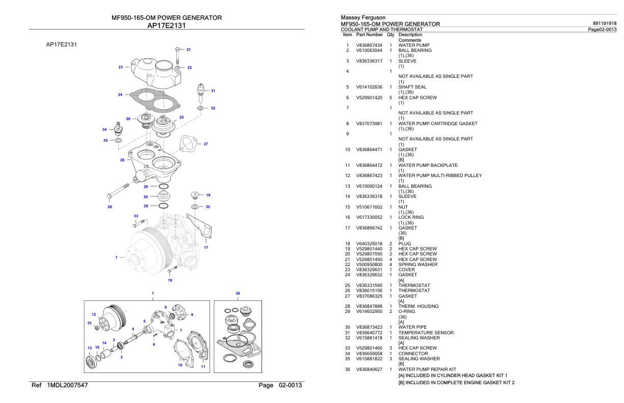 Massey Ferguson MF950 165 OM Power Generator Parts Catalog 891191918 1