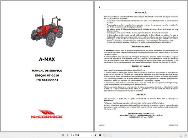 McCORMICK Tractor A Max 75 80 90 Service Manual 6618644A1 PT 1