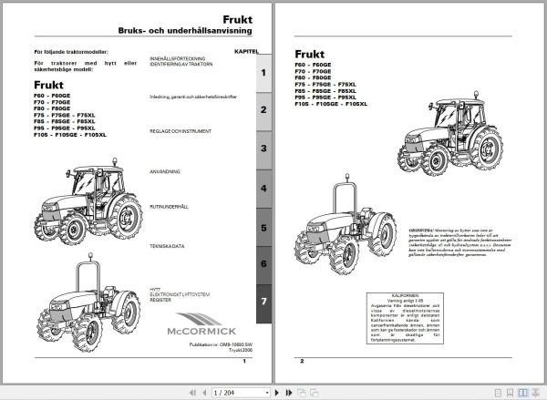 McCORMICK Tractor F60 to F105XL Frukt Operator Maintenance Manual OM9 10693SW SV 1