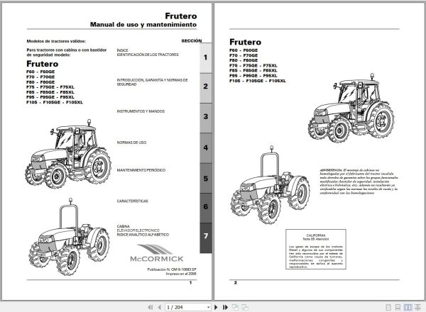 McCORMICK Tractor Frutero F60 to F105XL Operator Maintenance Manual OM9 10683SP ES 1