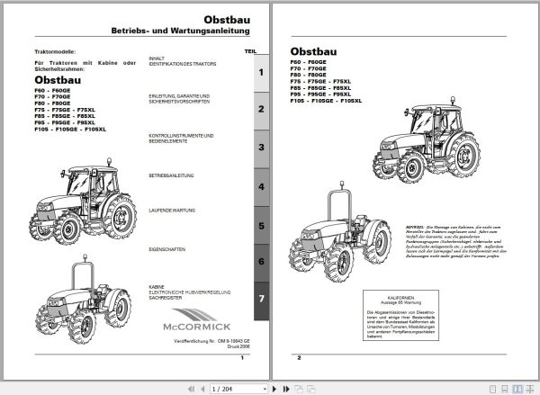 McCORMICK Tractor Obstbau F60 to F105XL Operator Maintenance Manual OM9 10643GE DE 1