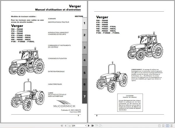 McCORMICK Tractor Verger F60 to F105XL Operator Maintenance Manual OM9 10633FR FR 1