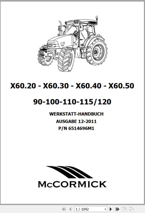 McCORMICK Tractor X60.20 X60.30 X60.40 X60.50 Service Manual 6514696M1 DE 1