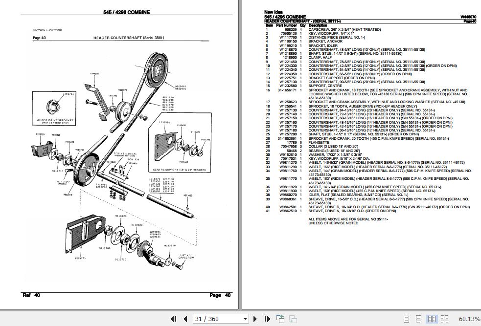 New Idea Combine 545 4296 Parts Catalog W448070