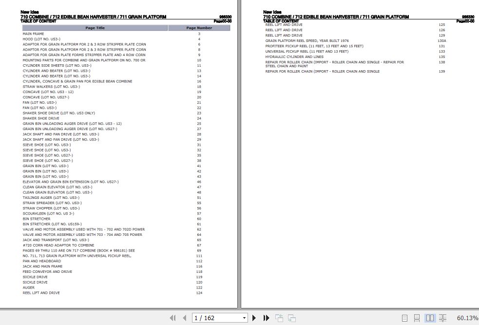 New Idea Combine 710 Edible Bean Harvester 712 Grain Platform 711 Parts Catalog 986330 1