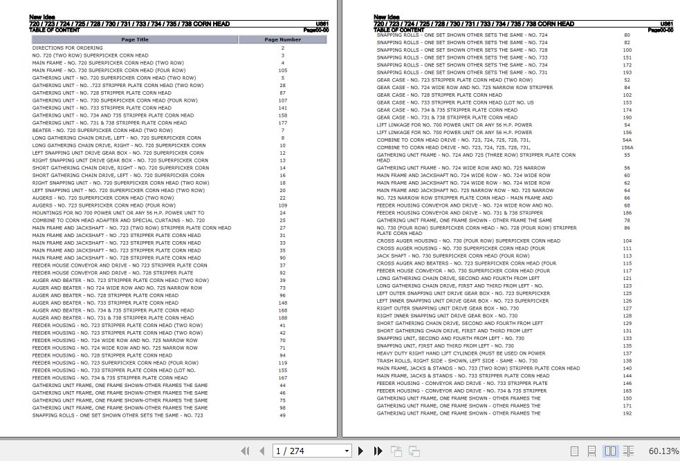 New Idea Corn Head 720 723 724 725 728 730 731 733 734 735 738 Parts Catalog US61 1