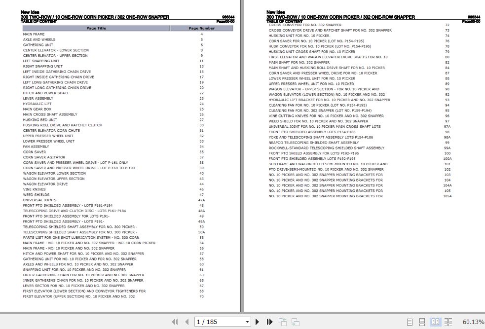 New Idea Corn Picker 300 Two Row 10 One Row 302 One Row Snapper Parts Catalog 986344 1