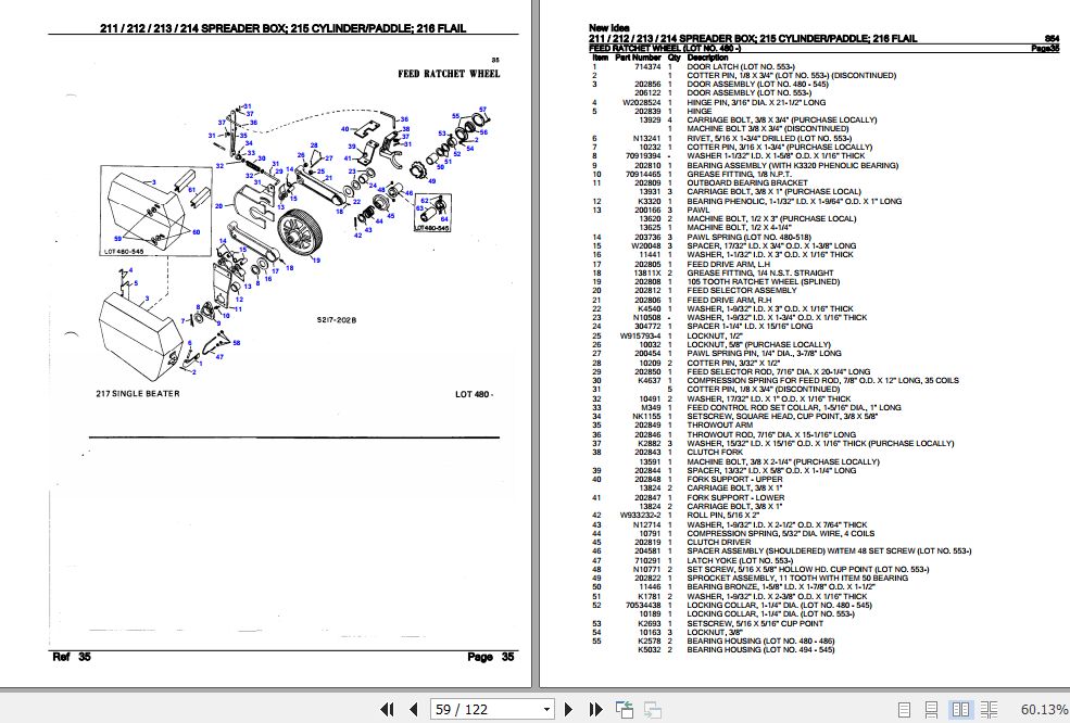 New Idea Spreader Box 211 212 213 214 Cylinder Paddle 215 Flail 216 Parts Catalog S54 1
