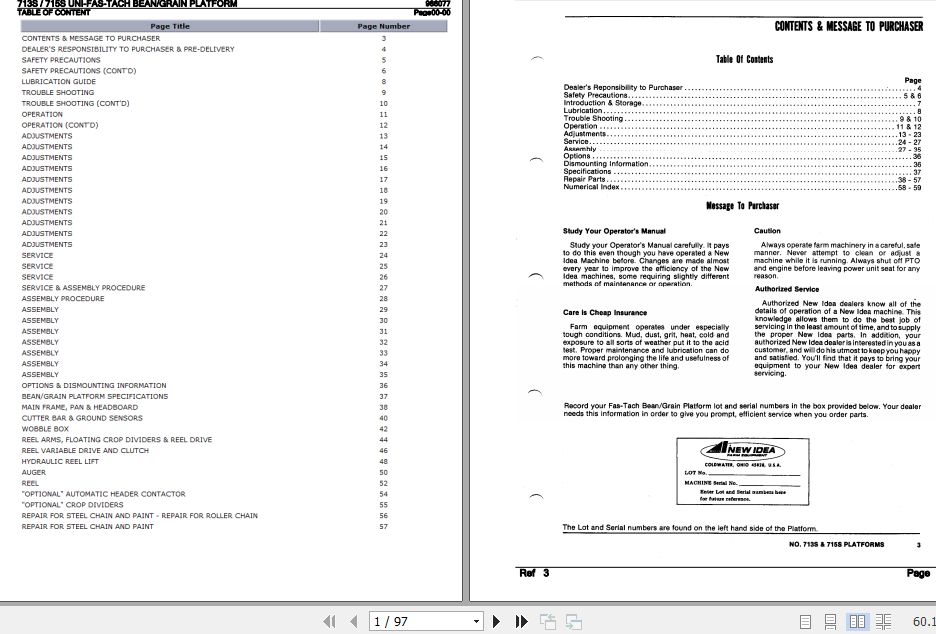 New Idea UNI FAS TACH Bean Grain Platform 713S 715S Parts Catalog 986077 1