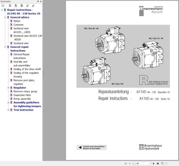 Rexroth Mobile Hydraulics A10VO40 To A10VO130 Series 10 Repair Manual RDE92500 02 R EN DE 1
