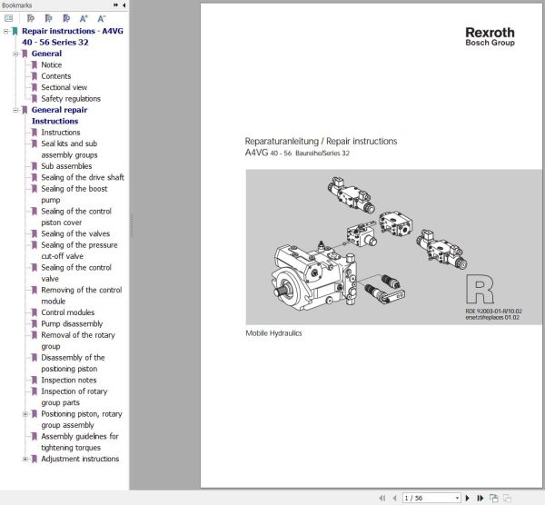 Rexroth Mobile Hydraulics A4VG40 A4VG56 Series 32 Repair Manual RDE92003 01 R EN DE 1