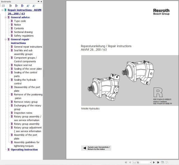 Rexroth Mobile Hydraulics A6VM28 To A6VM200 Series 63 Repair Manual EN DE 1