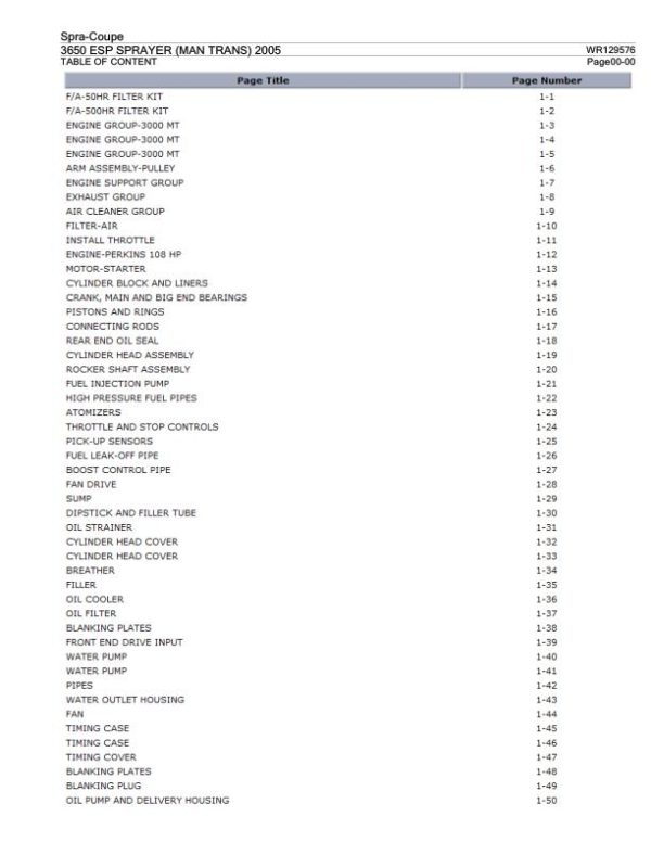 Spra Coupe Sprayer 3650 ESP Parts Catalog WR129576 1
