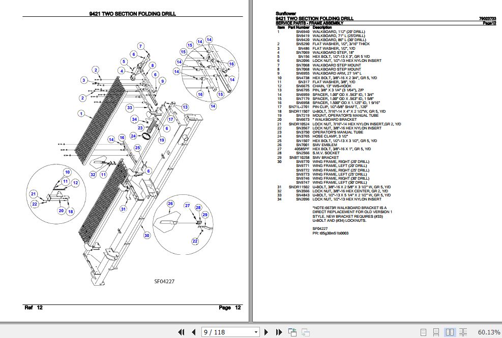 Sunflower Two Section Folding Drill 9421 Parts Catalog 79023730 2