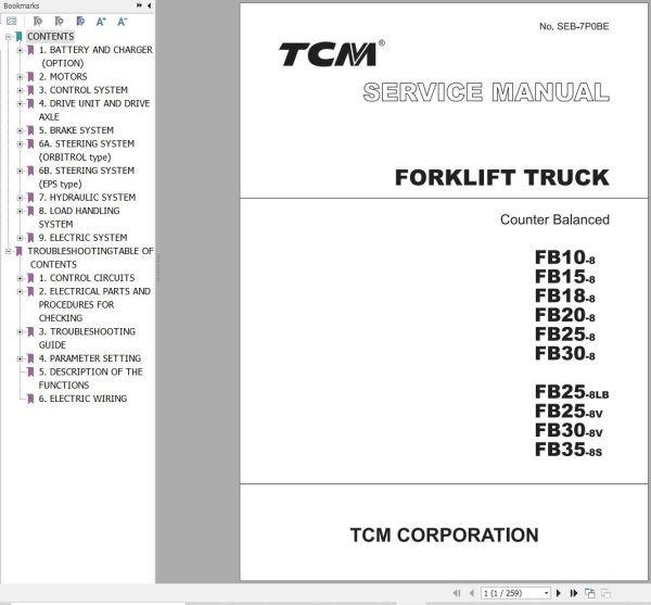 TCM Forklift FB10 8 to FB35 8S Service Manual SEE 7P0BE 1