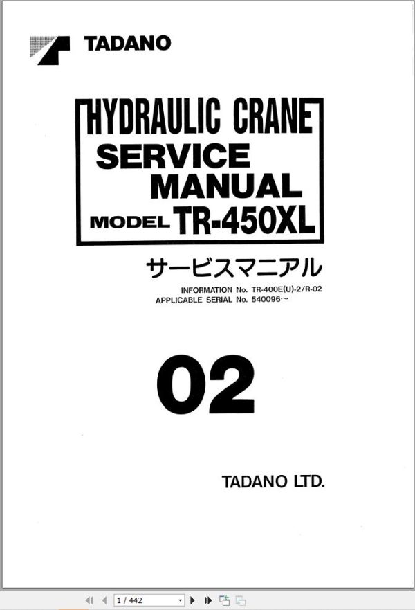 Tadano Hydraulic Crane TR 450XL Service Manual TR 400EU 2 R 02 1