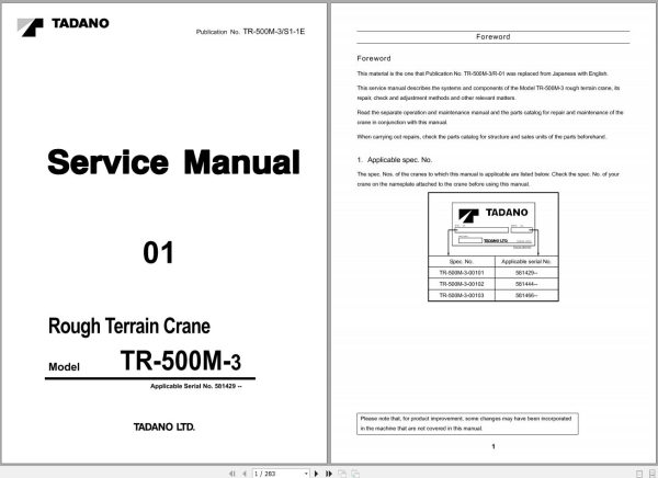 Tadano Rough Terrain Crane TR 500M 3 Service Manual Diagrams 1
