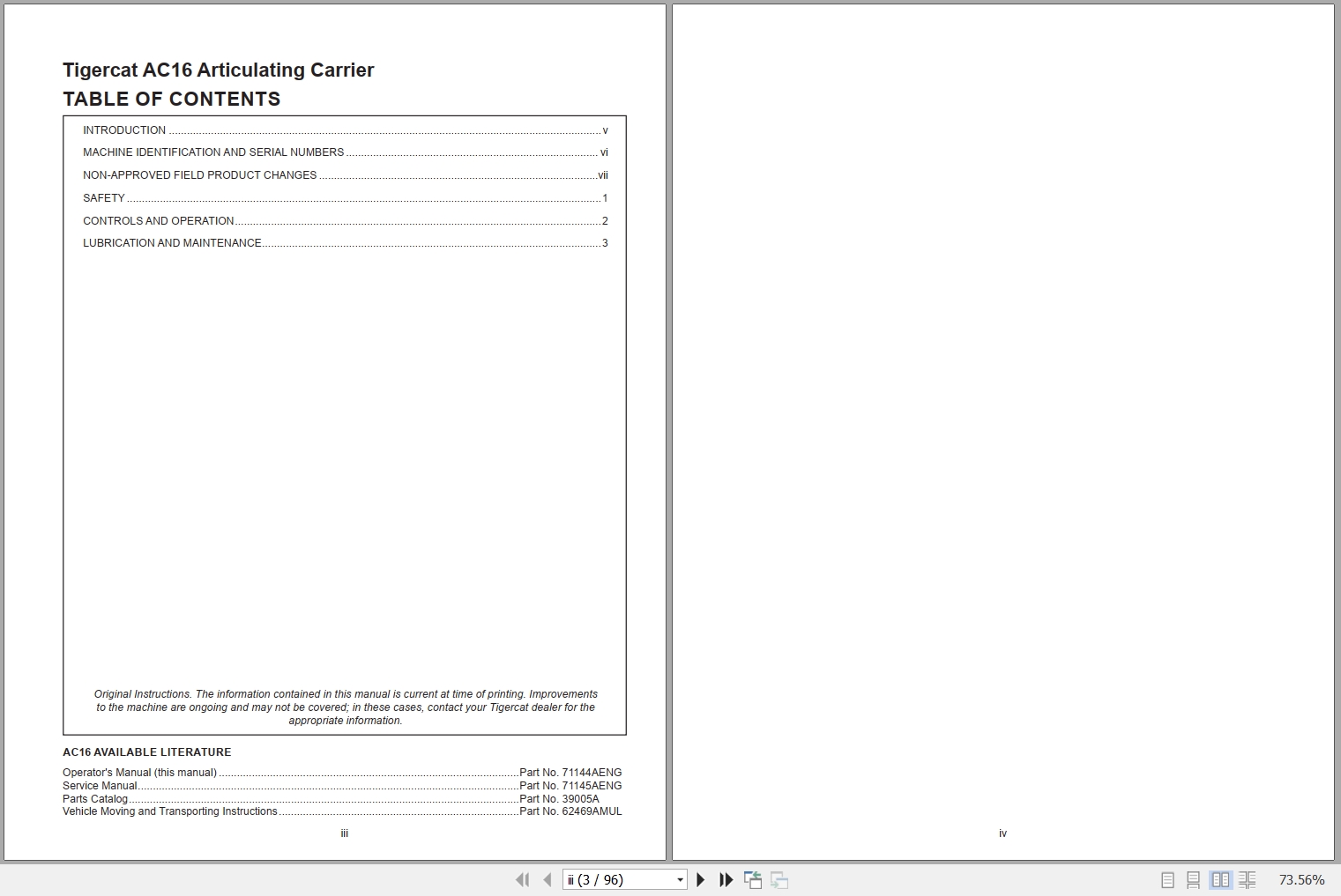 Tigercat Articulating Carrier AC16 Operators Manual 71144AENG 1