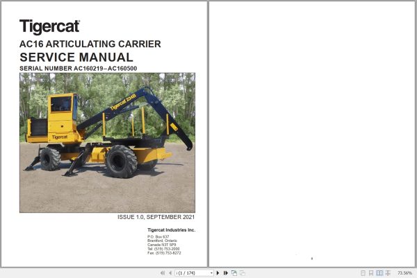 Tigercat Articulating Carrier AC16 Service Manual 57259AENG 1