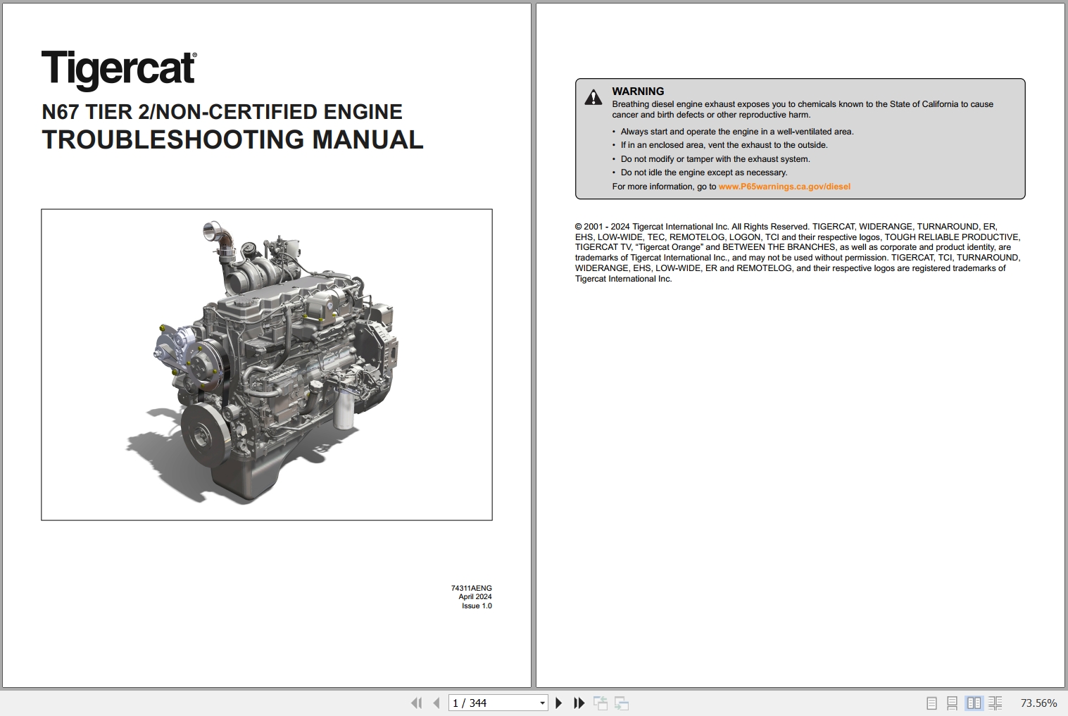 Tigercat FPT Engine N67 Tier 2 Non Certified Troubleshooting Manual 74311AENG 1