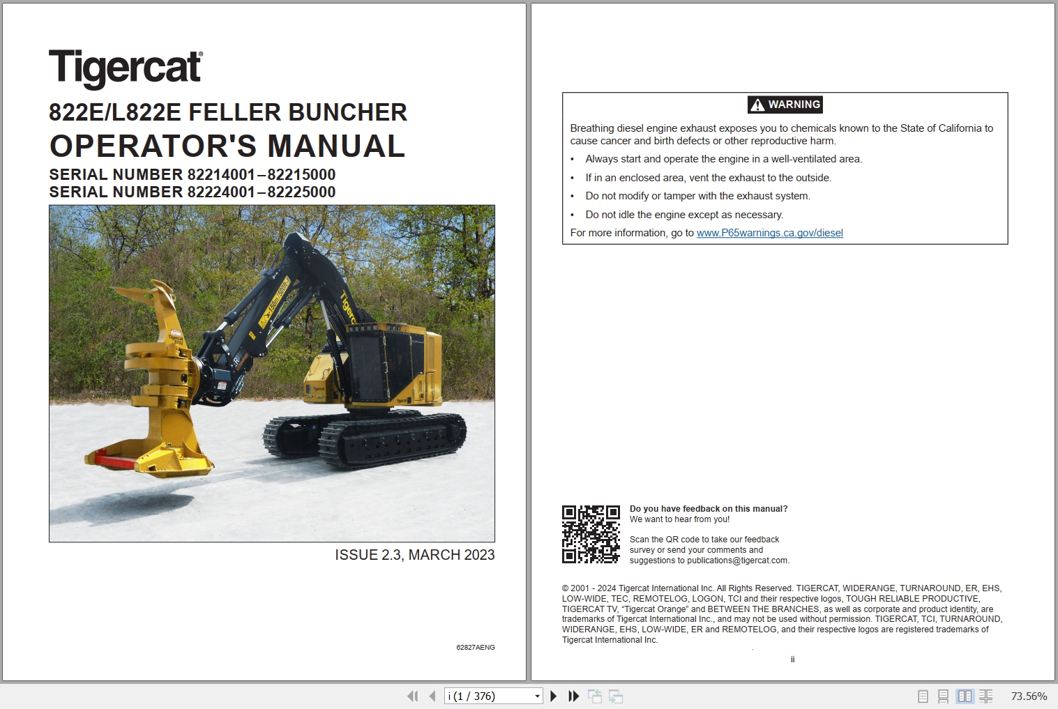 Tigercat Feller Buncher 822E L822E Operators Manual 62827AENG 1