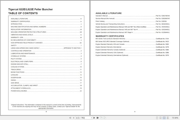 Tigercat Feller Buncher 822E L822E Service Manual 62828AENG 1