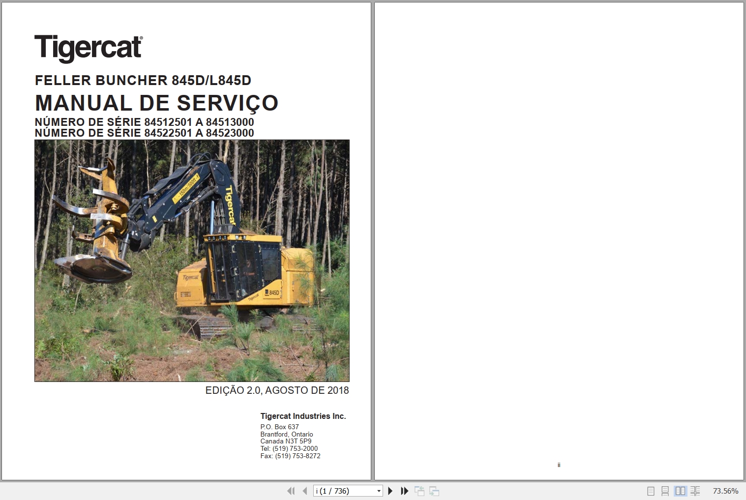Tigercat Feller Buncher 845D L845D Service Manual 43288APOR 1
