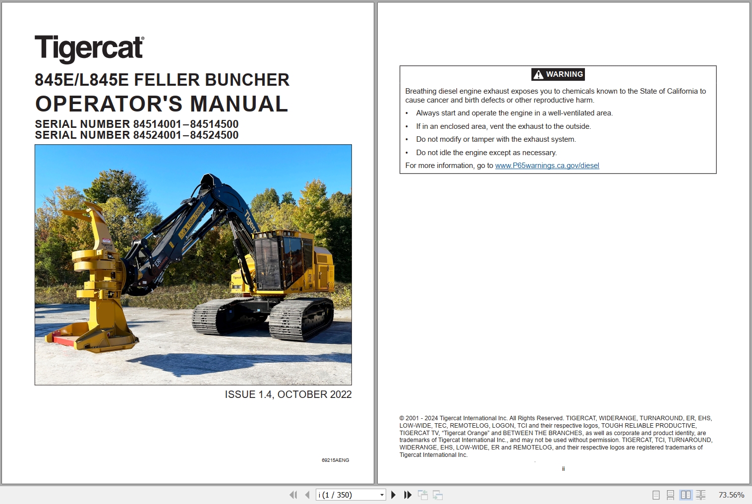 Tigercat Feller Buncher 845E L845E Operators Manual 69215AENG 1