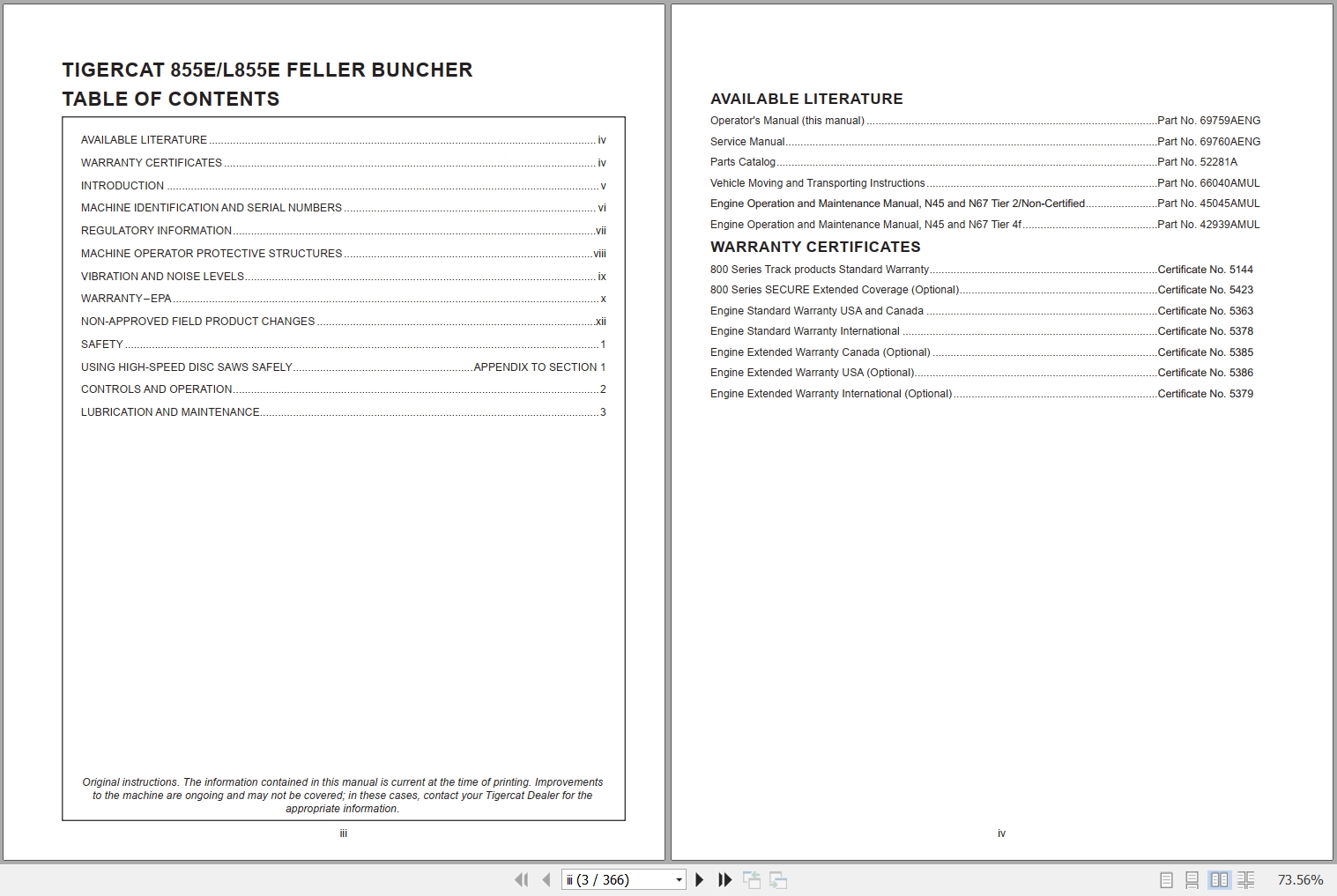Tigercat Feller Buncher 855E L855E Operators Manual 69759AENG 1