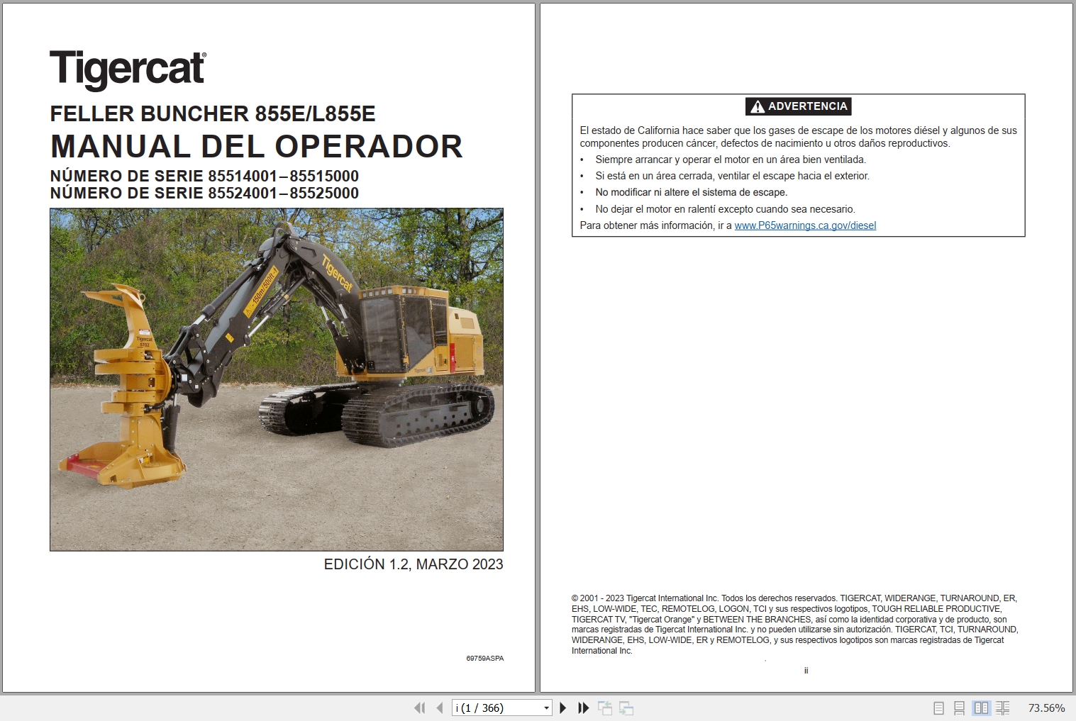 Tigercat Feller Buncher 855E L855E Operators Manual 69759ASPA 1