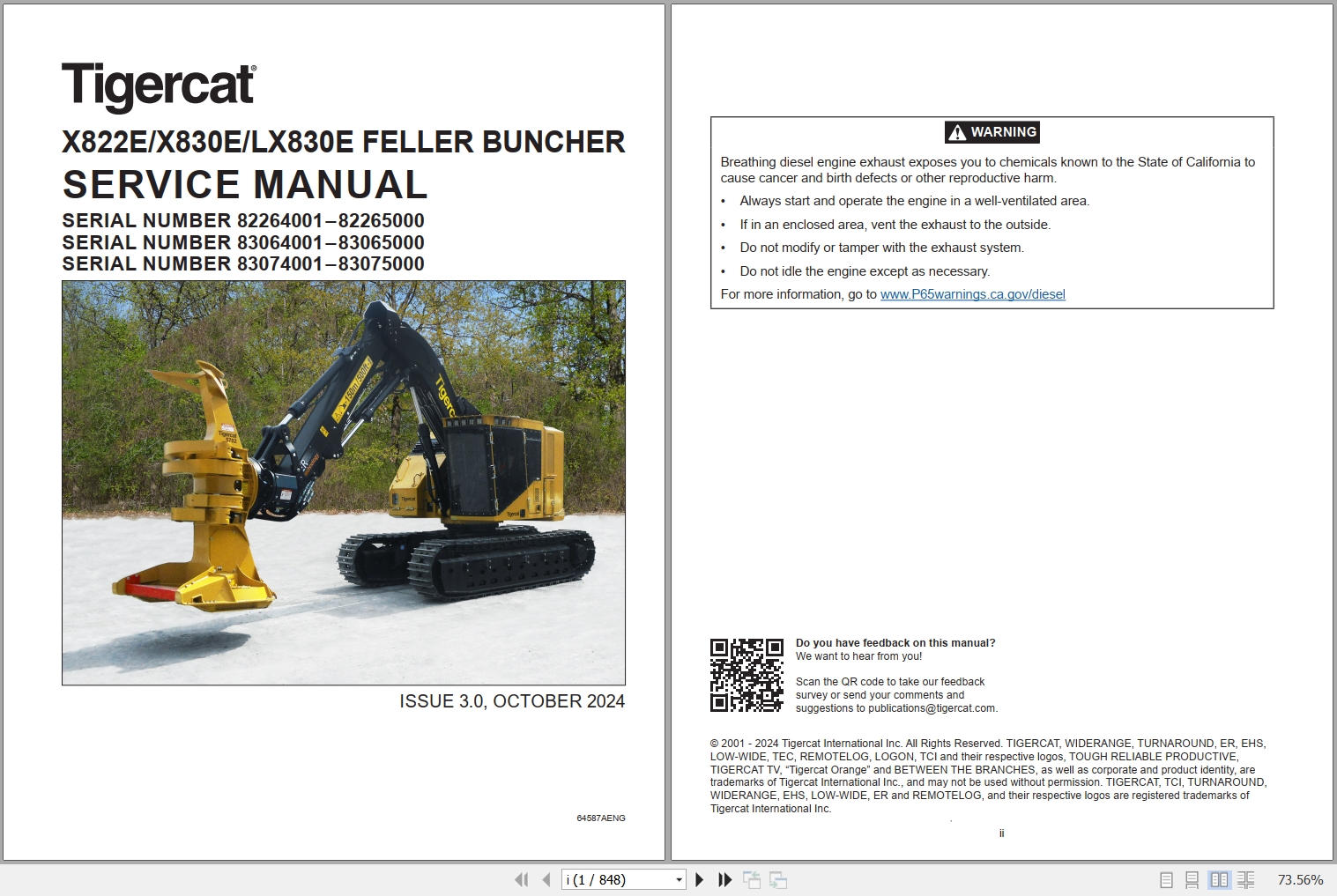 Tigercat Feller Buncher X822E X830E LX830E Service Manual 64587AENG 1
