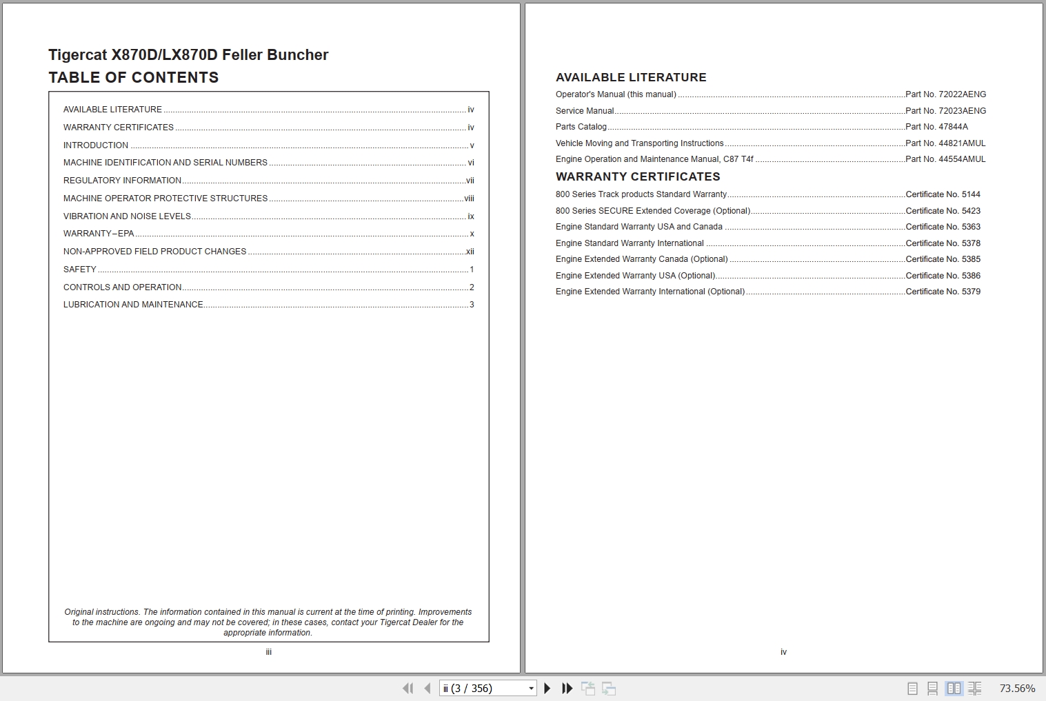 Tigercat Feller Buncher X870D LX870D Operators Manual 72022AENG 1