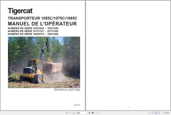 Tigercat Forwarder 1055C 1075C 1085C Operators Manual 65306AFRE 1
