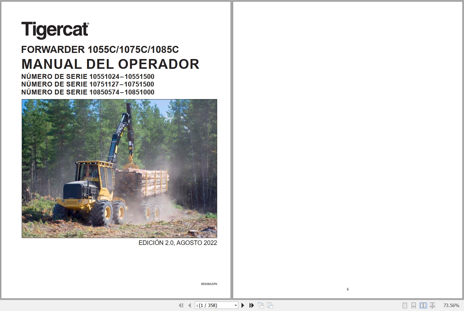 Tigercat Forwarder 1055C 1075C 1085C Operators Manual 65306ASPA 1