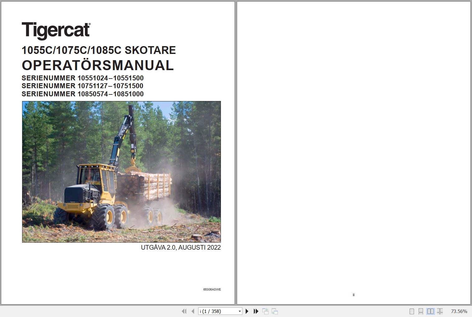 Tigercat Forwarder 1055C 1075C 1085C Operators Manual 65306ASWE 1
