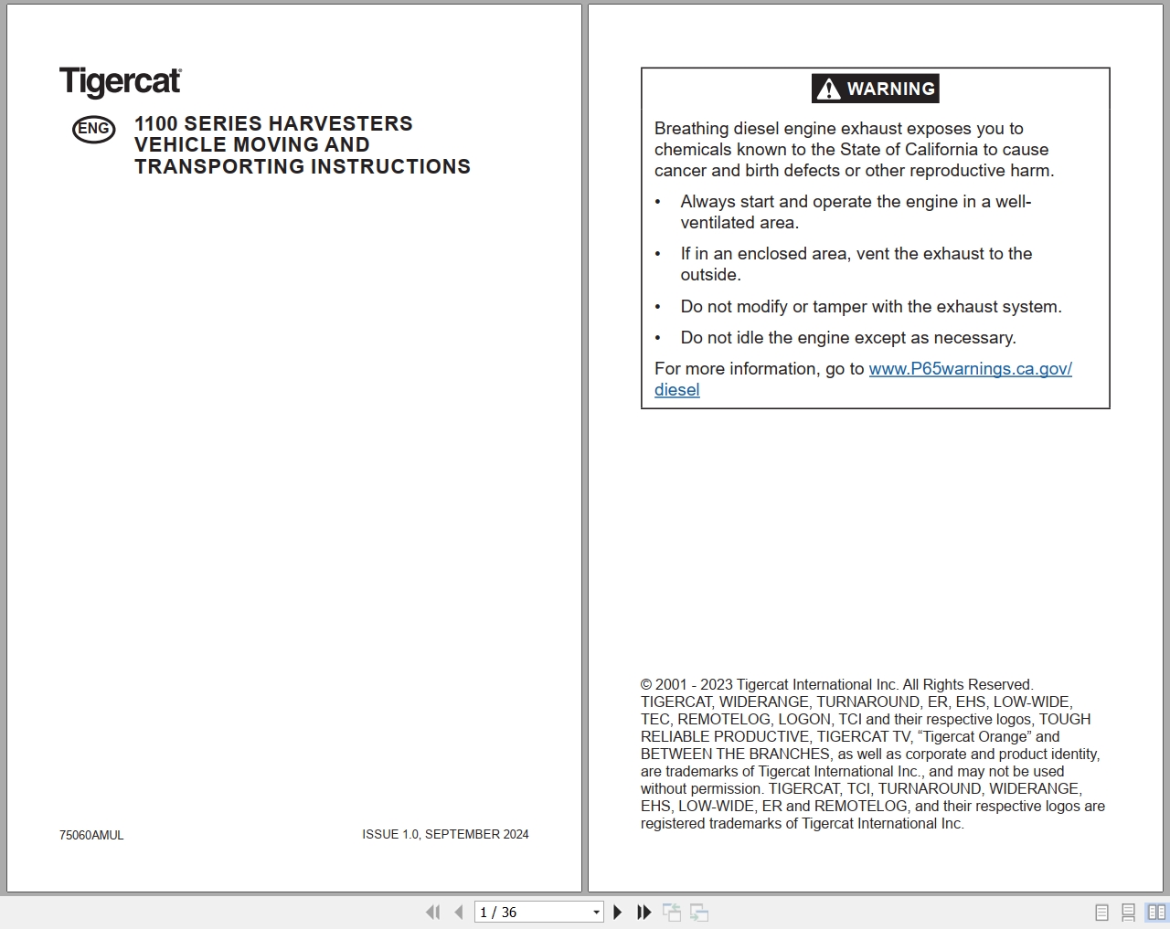 Tigercat Harvester 1100 Series Vehicle Moving And Transporting Instructions 75060AMUL 1