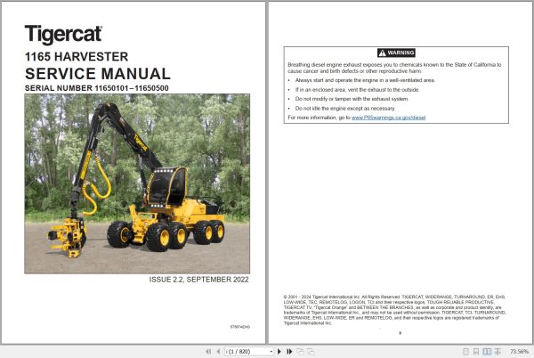 Tigercat Harvester 1165 Service Manual 57567AENG 1