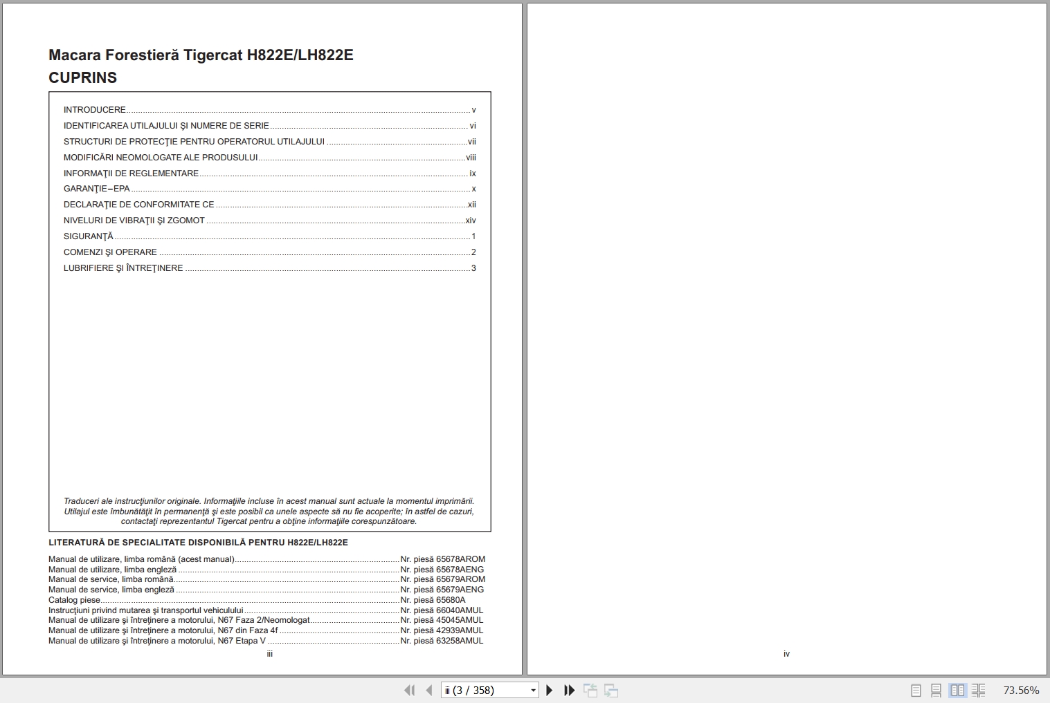Tigercat Harvester H822E LH822E Operators Manual 65678AROM ROM 1