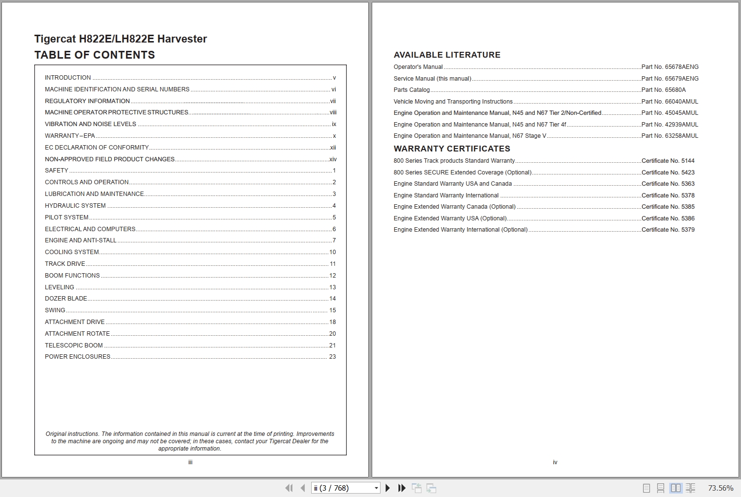 Tigercat Harvester H822E LH822E Service Manual 65679AENG 1