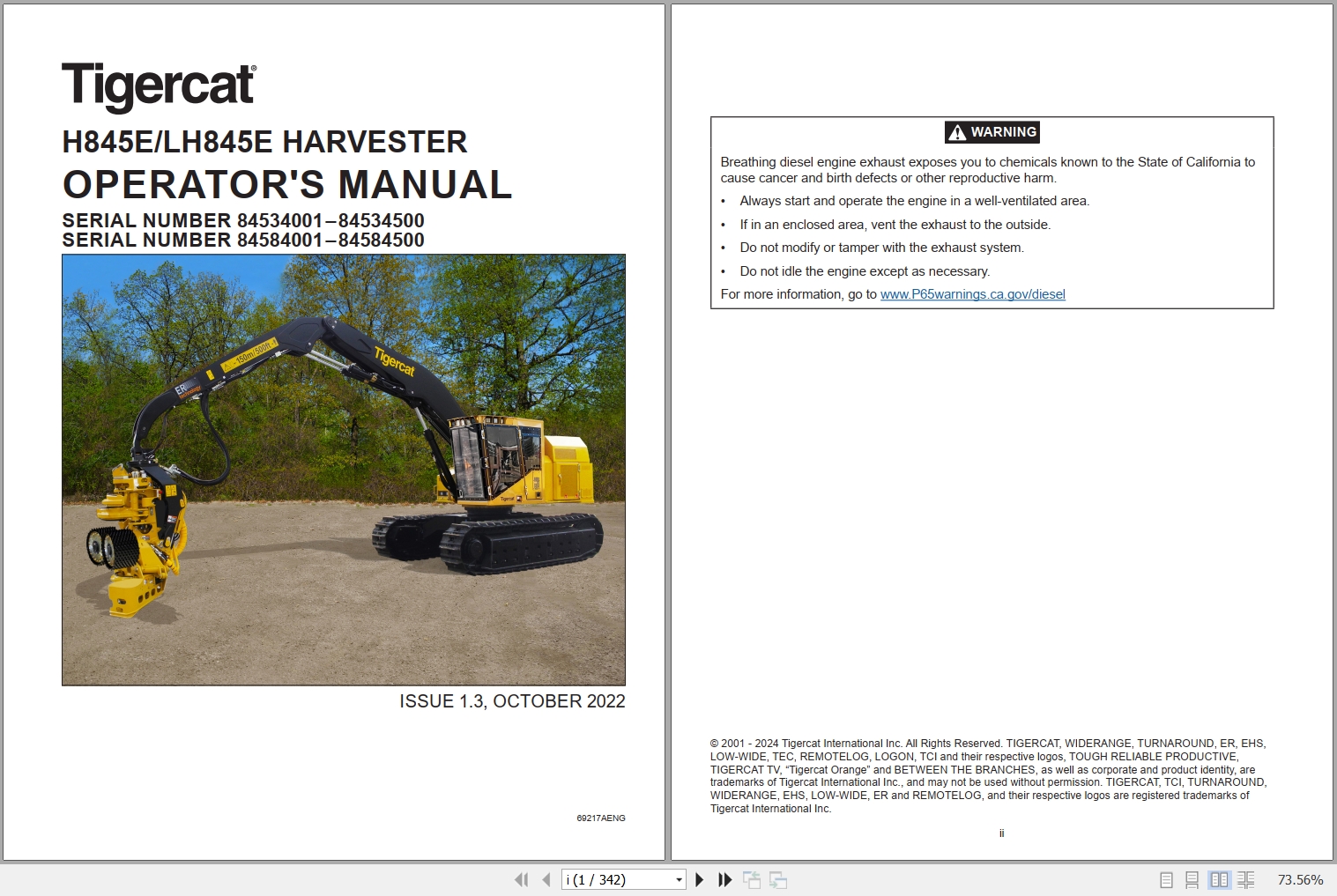 Tigercat Harvester H845E LH845E Operators Manual 69217AENG 1