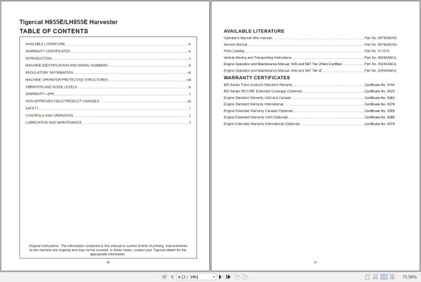 Tigercat Harvester H855E LH855E Operators Manual 69755AENG 1
