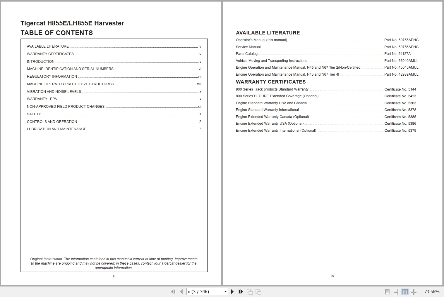 Tigercat Harvester H855E LH855E Operators Manual 69755AENG 1