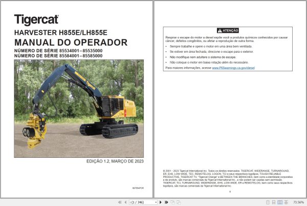 Tigercat Harvester H855E LH855E Operators Manual 69755APOR 1