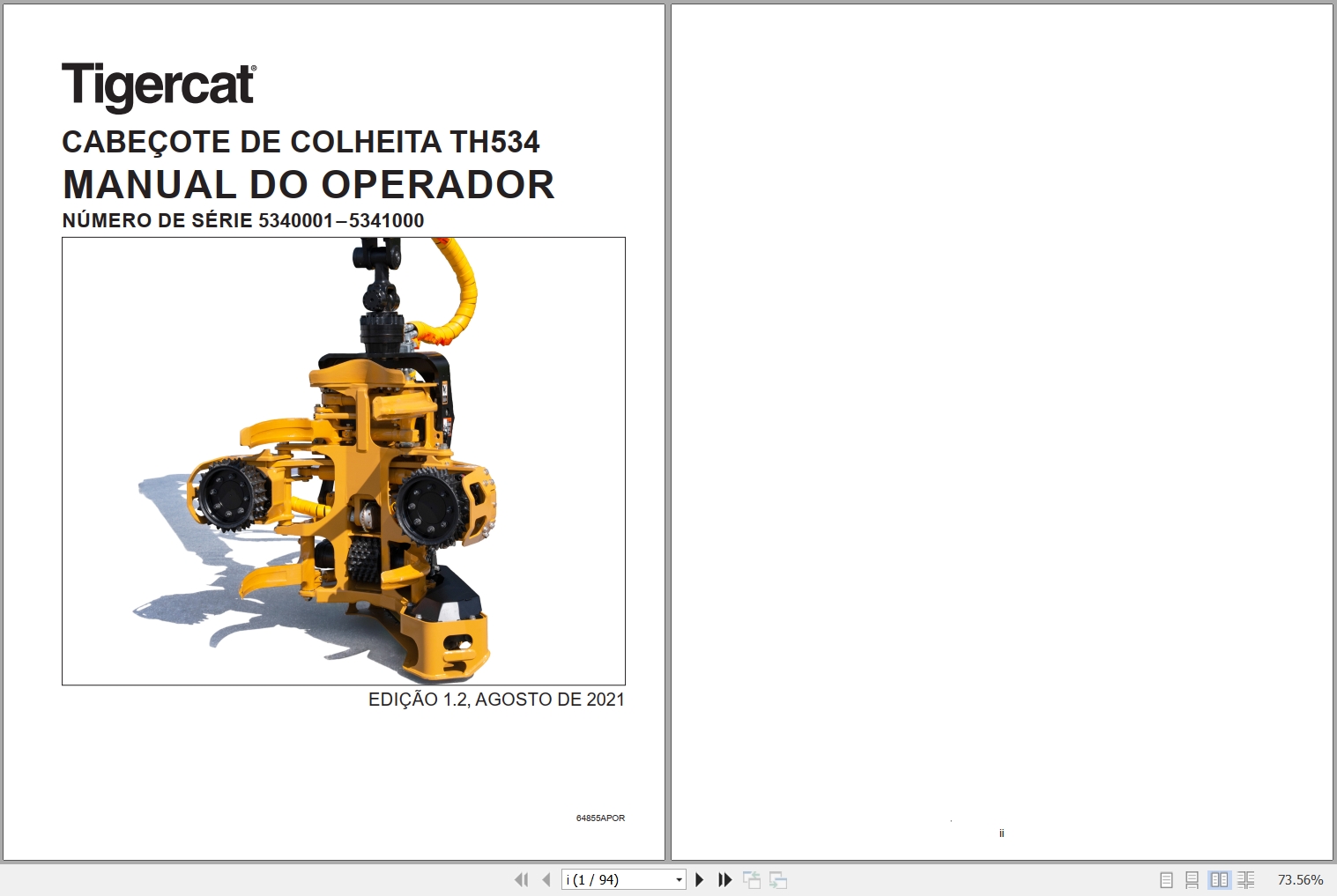Tigercat Harvesting Head TH534 Operators Manual 64855APOR 1
