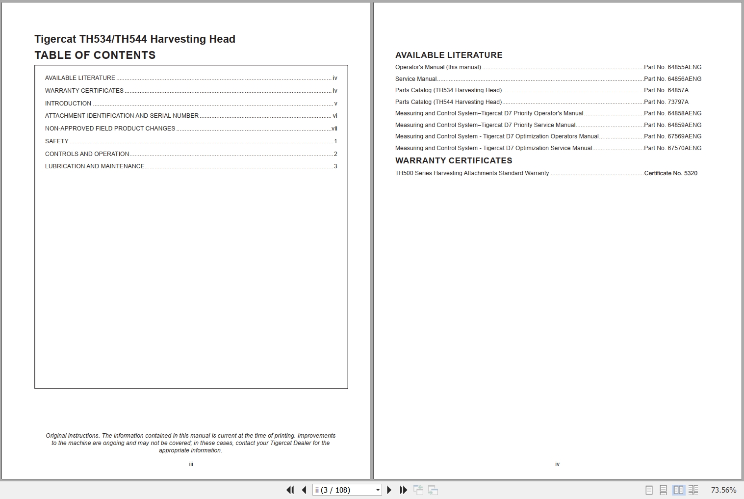 Tigercat Harvesting Head TH534 TH544 Operators Manual 64855AENG 1
