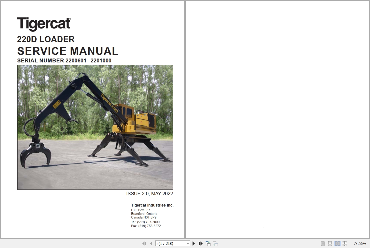 Tigercat Loader 220D Service Manual 33588A 1