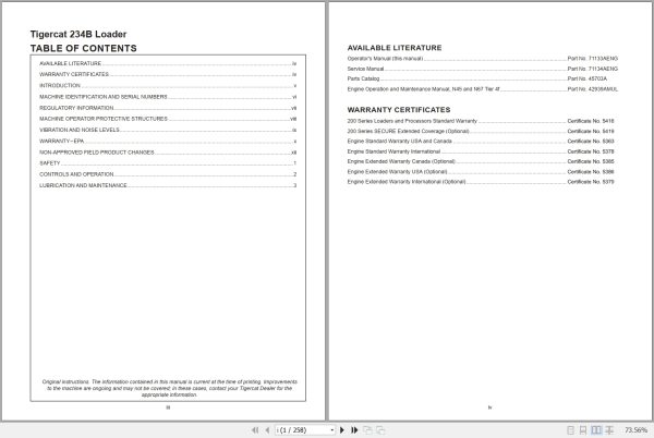 Tigercat Loader 234B Operators Manual 71133AENG 1