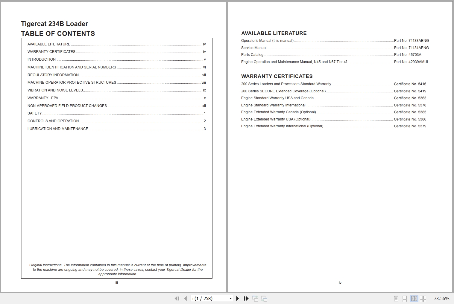 Tigercat Loader 234B Operators Manual 71133AENG 1