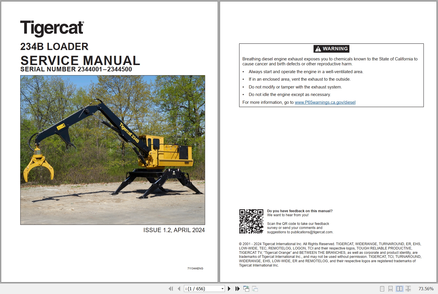 Tigercat Loader 234B Service Manual 71134AENG 1